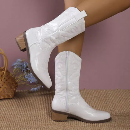Women's pointed toe western boots with chunky heel in various colors