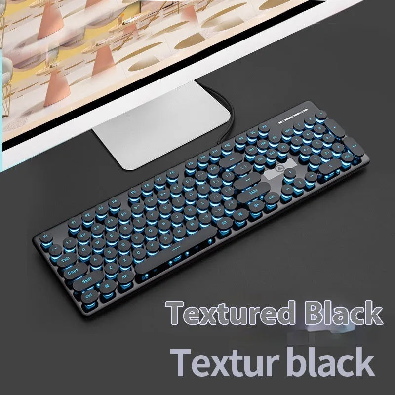 Punk mechanical feel keyboard with backlight in mint green, pink, or black blue light colours, measuring 44cm wide
