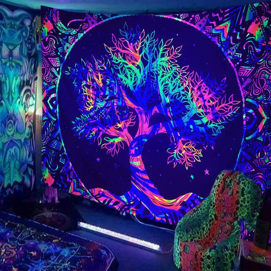 Skull print fluorescent wall tapestry showing detailed pattern on polyester fabric with hanging accessories
