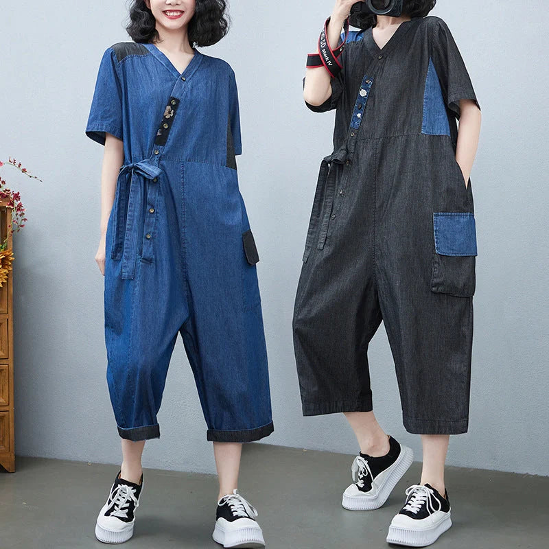 Stylish women's denim drawstring jumpsuit in blue and black