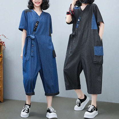 Stylish women's denim drawstring jumpsuit in blue and black