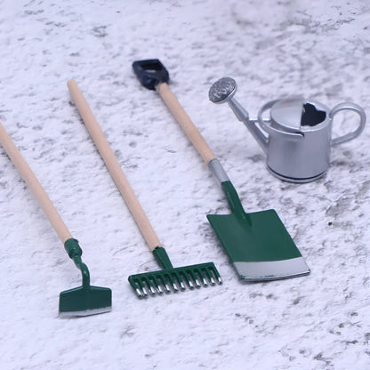 Miniature alloy gardening tools set for dollhouse elf garden scene, 3-piece accessory kit