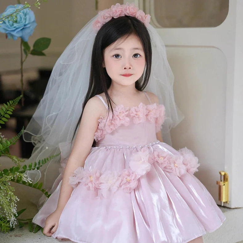 Pink polyester flower girl wedding pettiskirt with princess design, shown on mannequin