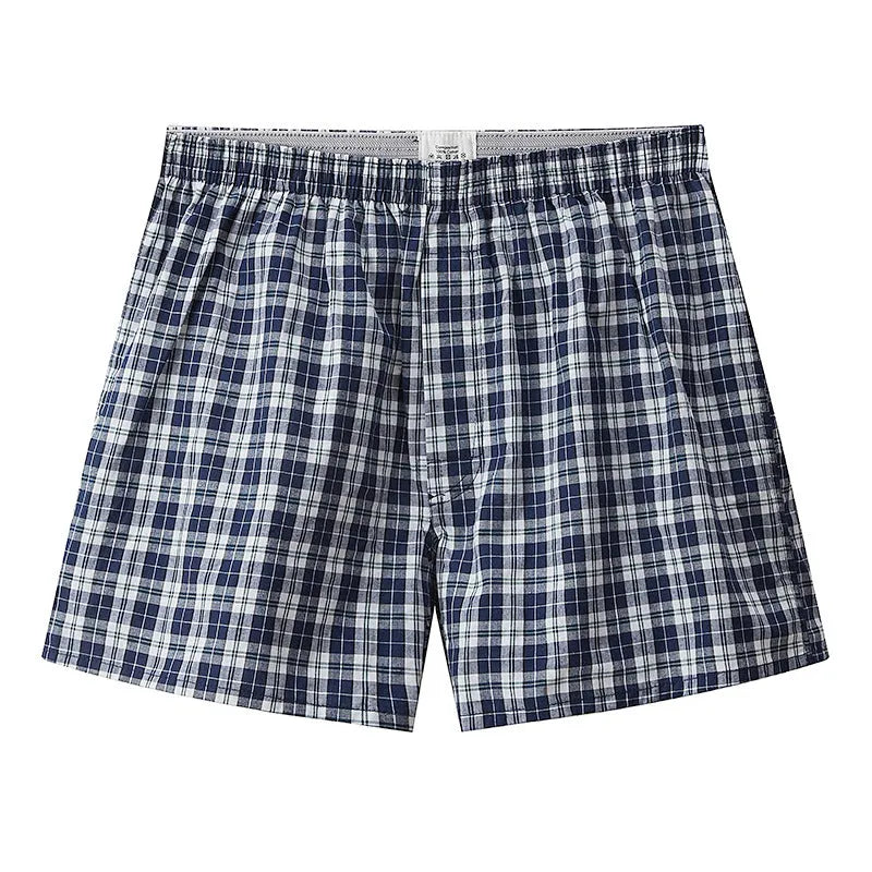 Men's cotton loose boxer shorts plus size mid waist breathable in blue, black and white plaid, red plaid