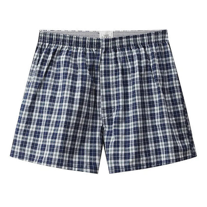 Men's cotton loose boxer shorts plus size mid waist breathable in blue, black and white plaid, red plaid