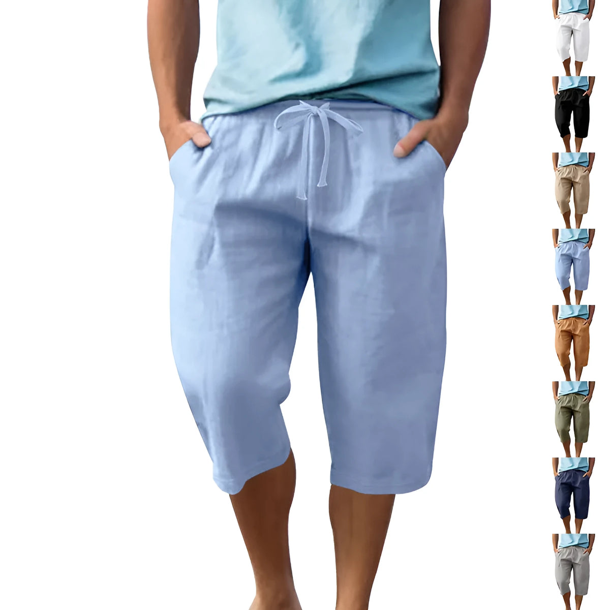 Men's linen shorts in light blue with drawstring waist and cropped straight-leg design