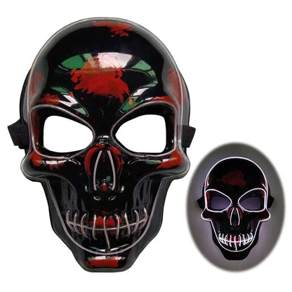 Blue LED glow skeleton mask with flashing lights on a person's face