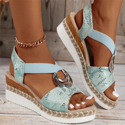 Women's Peep Toe Serpentine Wedges Sandals with unique circle design in various colors