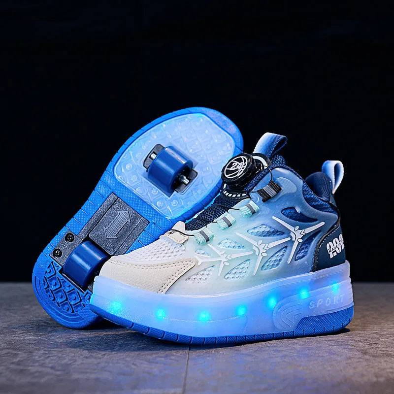 Children's flash knob roller skating shoes in blue, showing the rotating button fastening and knob roller mechanism.