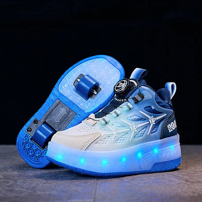 Children's flash knob roller skating shoes in blue, showing the rotating button fastening and knob roller mechanism.