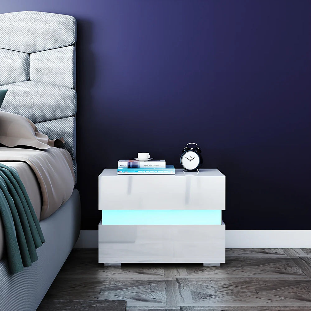 White minimalist two-drawer bedside chest with integrated RGB LED lighting