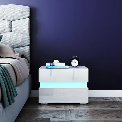 White minimalist two-drawer bedside chest with integrated RGB LED lighting