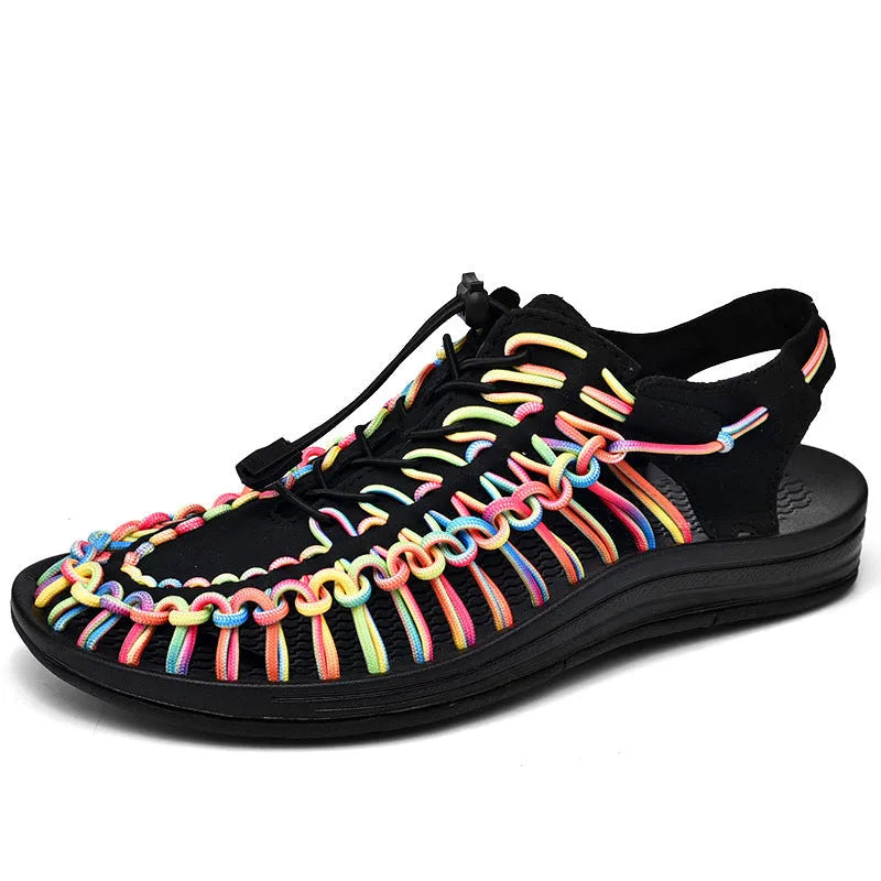 Fashion woven sandals with elastic drawstring tie closure and rubber sole in rainbow colour