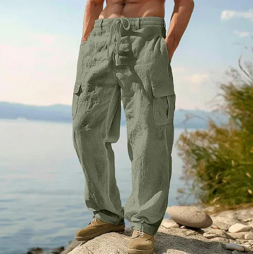 Men's thin cotton wide-leg casual trousers in light army green colour, showing loose fit and mid-waist design