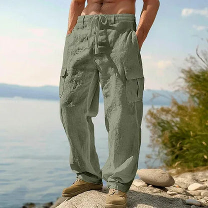 Men's thin cotton wide-leg casual trousers in light army green colour, showing loose fit and mid-waist design
