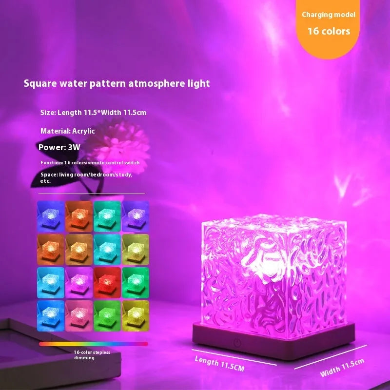 LED water ripple projection night light with remote control on wooden base showing colourful light patterns