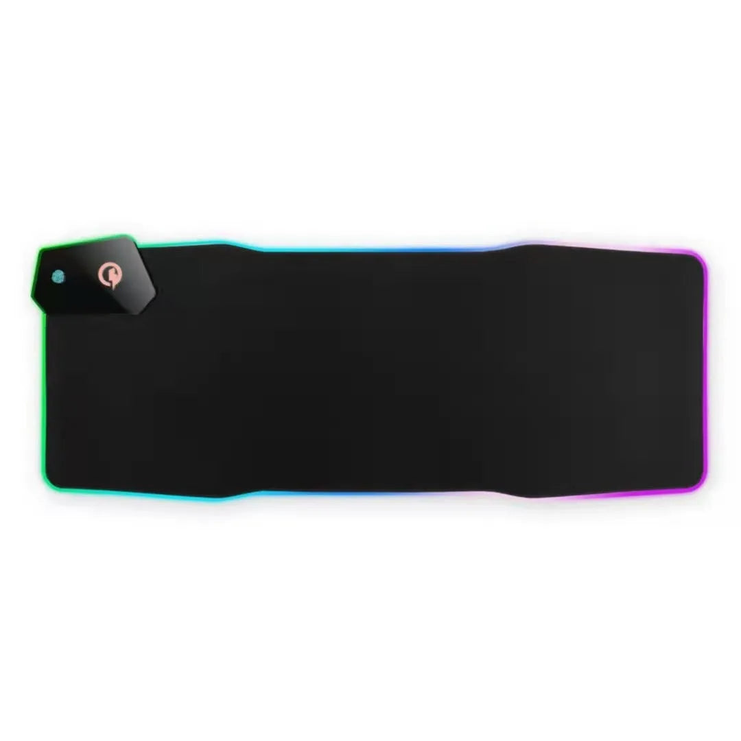 Black luminous gaming mouse mat with mech style graphics, water-repellent cloth surface, and USB cable