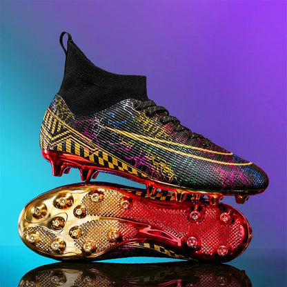 High-top soccer training shoes with gold-plated PVC soles in white, black, and mandarin duck colour options