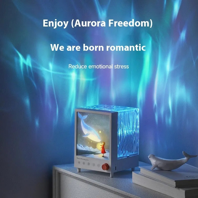 Aurora Treasure Box projection lamp showing Star Sea Whale light pattern with Bluetooth speaker, dimensions 11.98cm x 12.8cm x 16.23cm