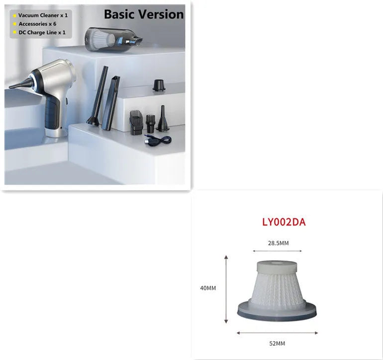Brushless handheld and vertical car vacuum cleaner with 12000Pa suction, shown with optional EVA storage bag.