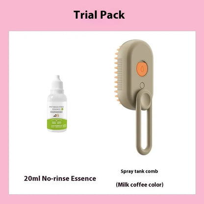 Dog grooming spray bottle and massaging comb kit on a white background.