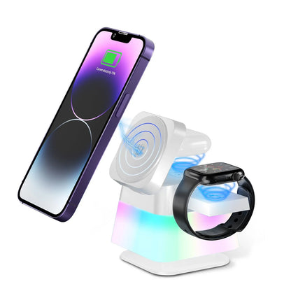 Versatile 4-in-1 wireless charging station with adjustable LED lighting for smartphone, smartwatch, and wireless earbuds