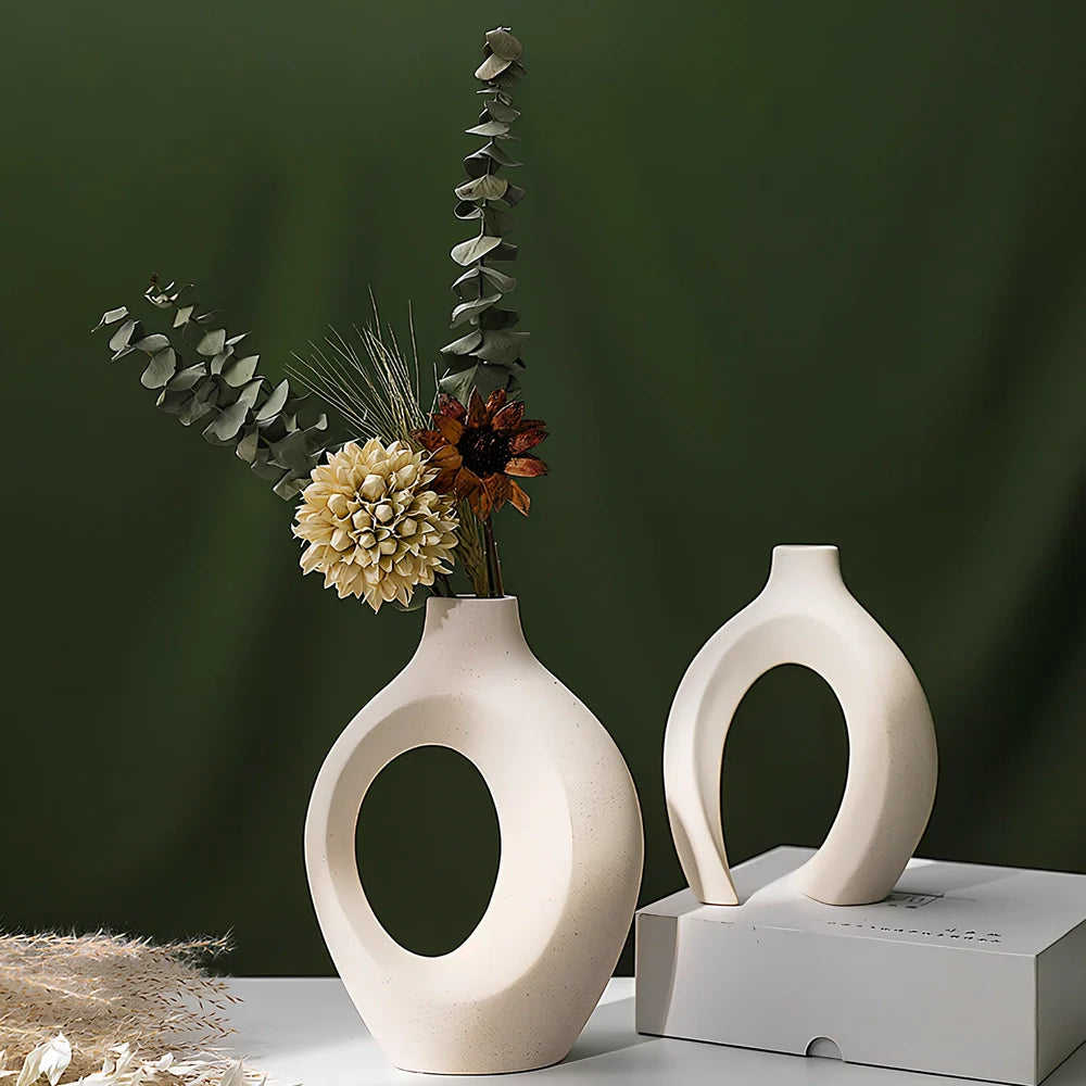 European ceramic vase set with two matching pieces and glazed surface finish