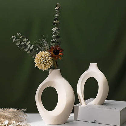 European ceramic vase set with two matching pieces and glazed surface finish