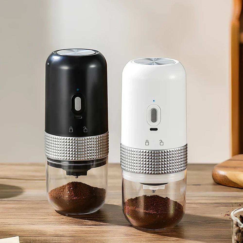 Black electric ceramic coffee grinder with USB port, measuring 18.8x7.5cm