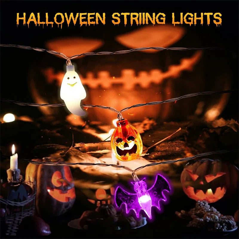 LED Halloween string lights with pumpkin, spider, bat, and skull designs for indoor and outdoor decor