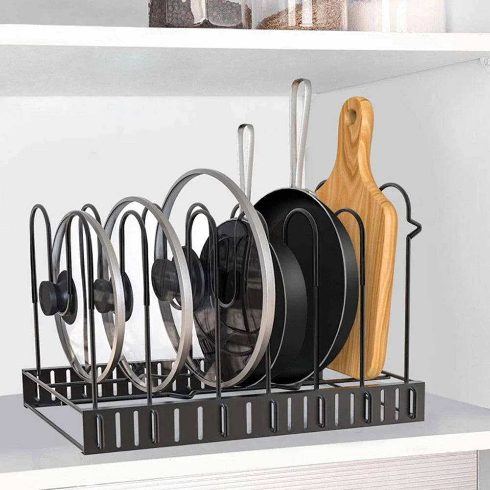 8-Tier Iron Pot Organizer Rack with Adjustable Shelves for Pots, Pans, and Lids in Black Finish