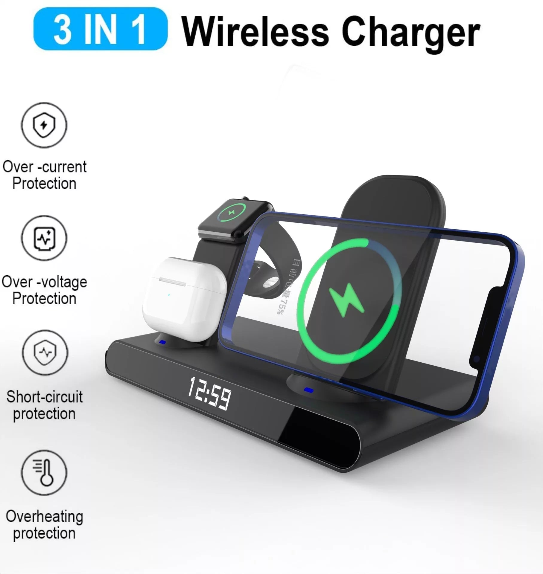 Clock 15W 3-in-1 Wireless Charger in black and white, compatible with Qi-enabled devices