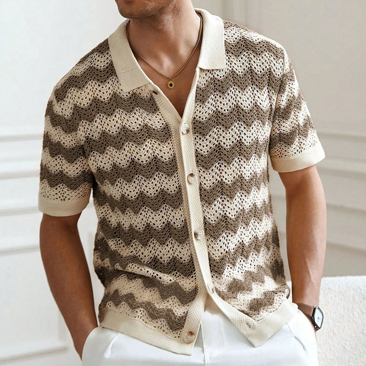 American-style hollow jacquard corrugated sweater with short sleeves and flocking detail in blue colour