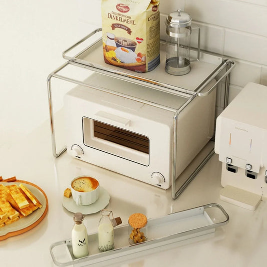 Korean style iron microwave shelf with plating finish and storage tray for kitchen organisation