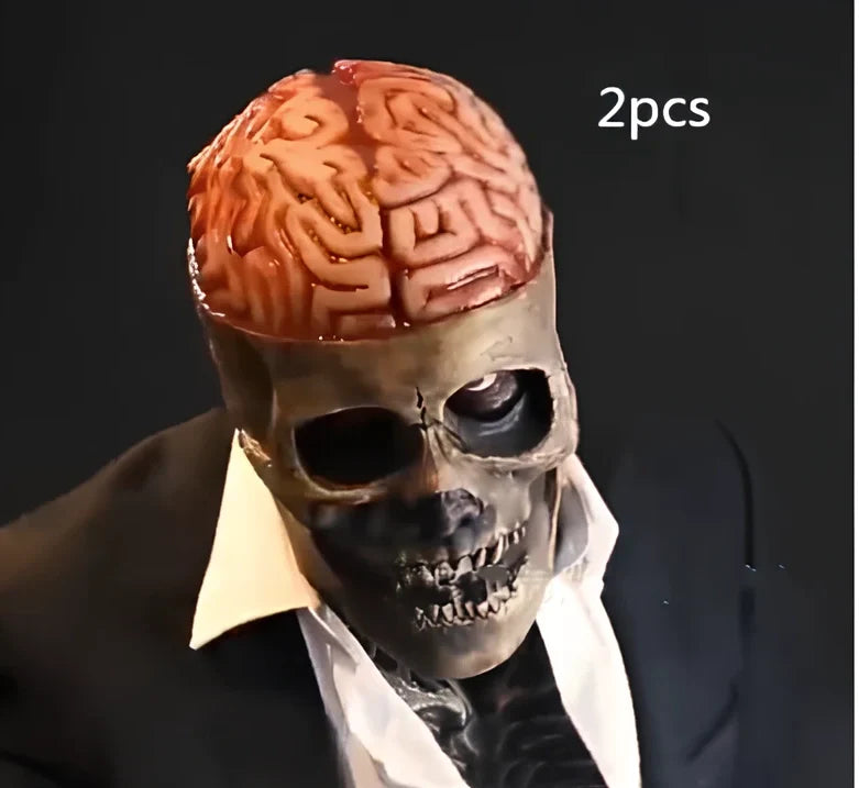 Halloween skull mask with movable jaw showing brain flower design in vinyl construction