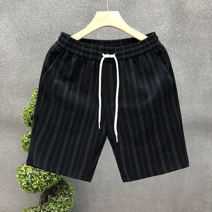 Men's black and white striped casual shorts with fleece lining, straight-leg cut, and ankle banding, shown in size M with waist 51cm