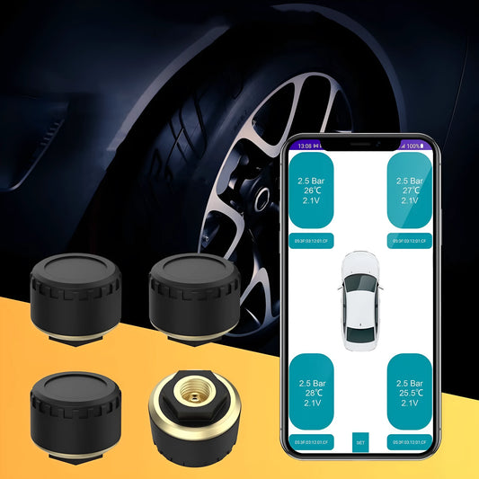 Bluetooth tyre pressure monitoring system with four sensors for car wheels connecting to mobile phone display