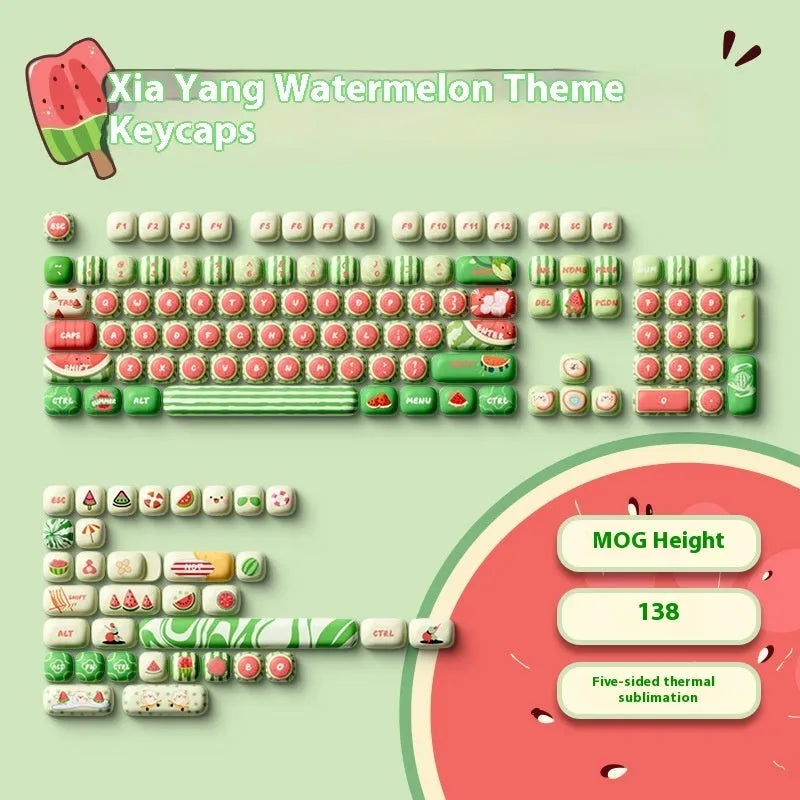 Set of 138 watermelon-themed PBT key caps with green, red, and black dye-sublimated design, shown on a mechanical keyboard.