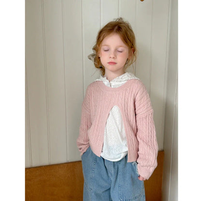 Girls' cotton knitted pullover in lotus root colour with single-breasted placket, shown on hanger
