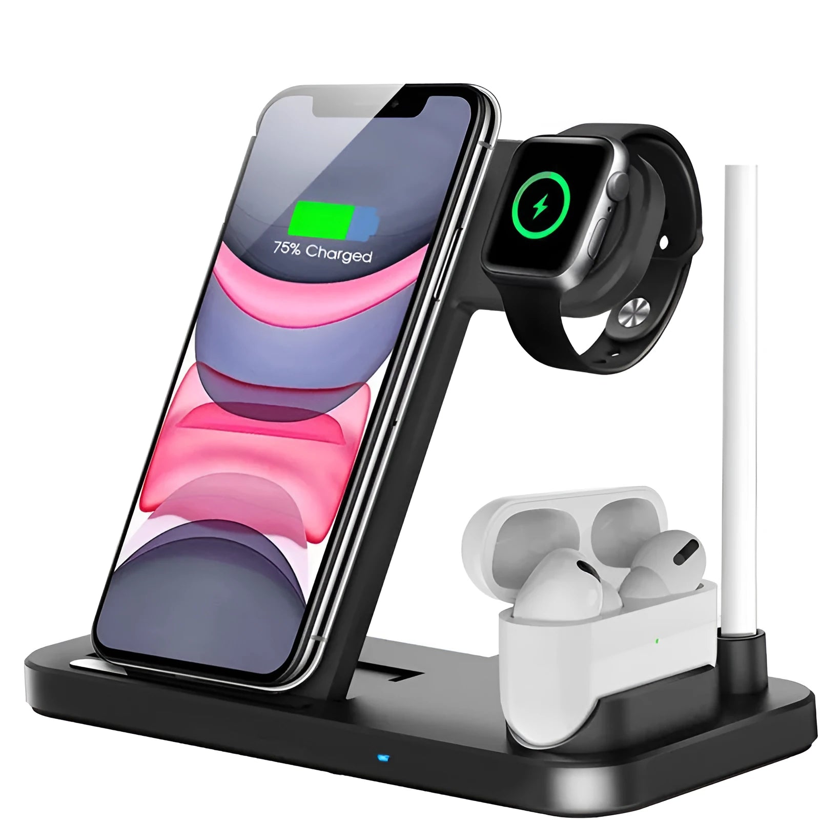 Black folding 4-in-1 wireless charger open, showing iPhone, Apple Watch, AirPods, and Apple Pen charging simultaneously.