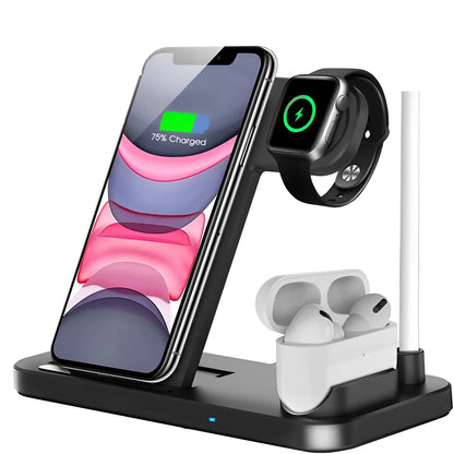 Black folding 4-in-1 wireless charger open, showing iPhone, Apple Watch, AirPods, and Apple Pen charging simultaneously.