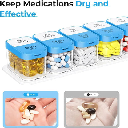 White and rainbow PP plastic pill box with 14 removable grids, showing 327mm length and detached compartments