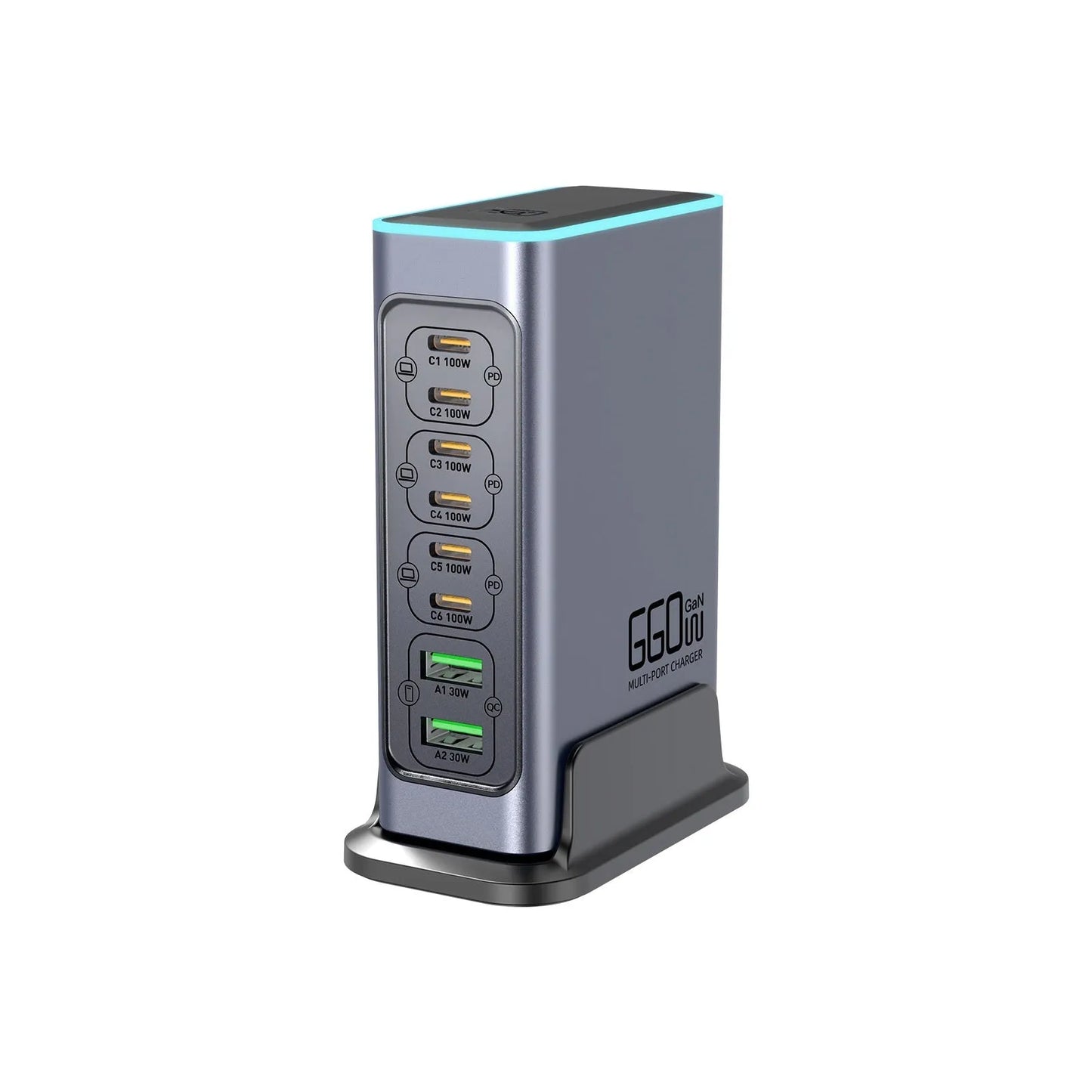 Gallium Nitride 660W desktop charger with four TYPE-C ports showing UK plug configuration and compact 10.5cm dimensions