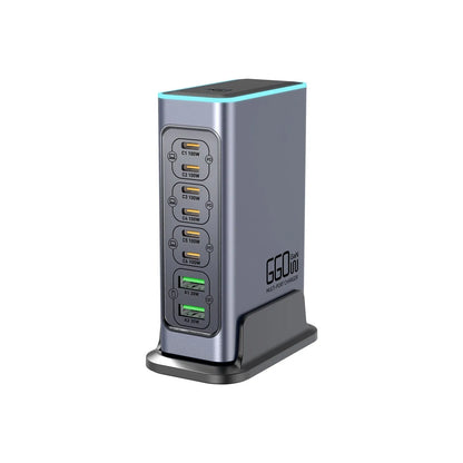 Gallium Nitride 660W desktop charger with four TYPE-C ports showing UK plug configuration and compact 10.5cm dimensions