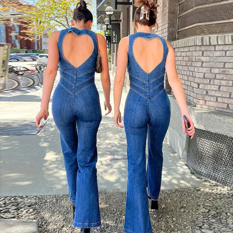 Women's summer slim heart-shape backless denim jumpsuit with halter neck in blue, red, and white