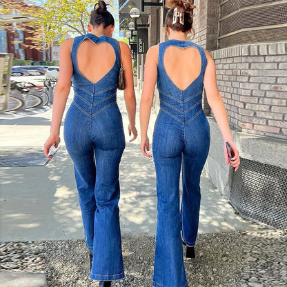 Women's summer slim heart-shape backless denim jumpsuit with halter neck in blue, red, and white
