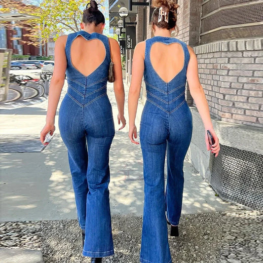 Women's summer slim heart-shape backless denim jumpsuit with halter neck in blue, red, and white