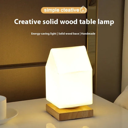 Nordic solid wood USB table lamp with touch dimming, 150x180mm size, and white light shapes on a bedside table