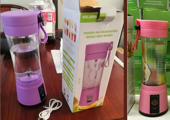 Portable USB rechargeable blender with pink colour option showing cup and six-blade design
