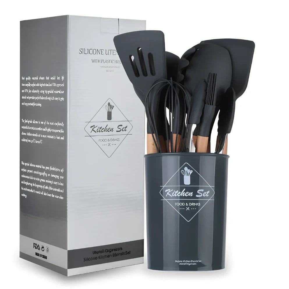 Wooden handle silicone cooking utensils set with 12 tools including spatula, whisk and food tongs in organiser barrel
